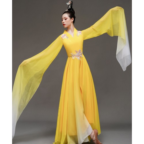 Women chinese folk dance dress yellow gradient waterfall sleeves fairy princess classical dance costumes for woman chinese folk hanfu empress cosplay gown